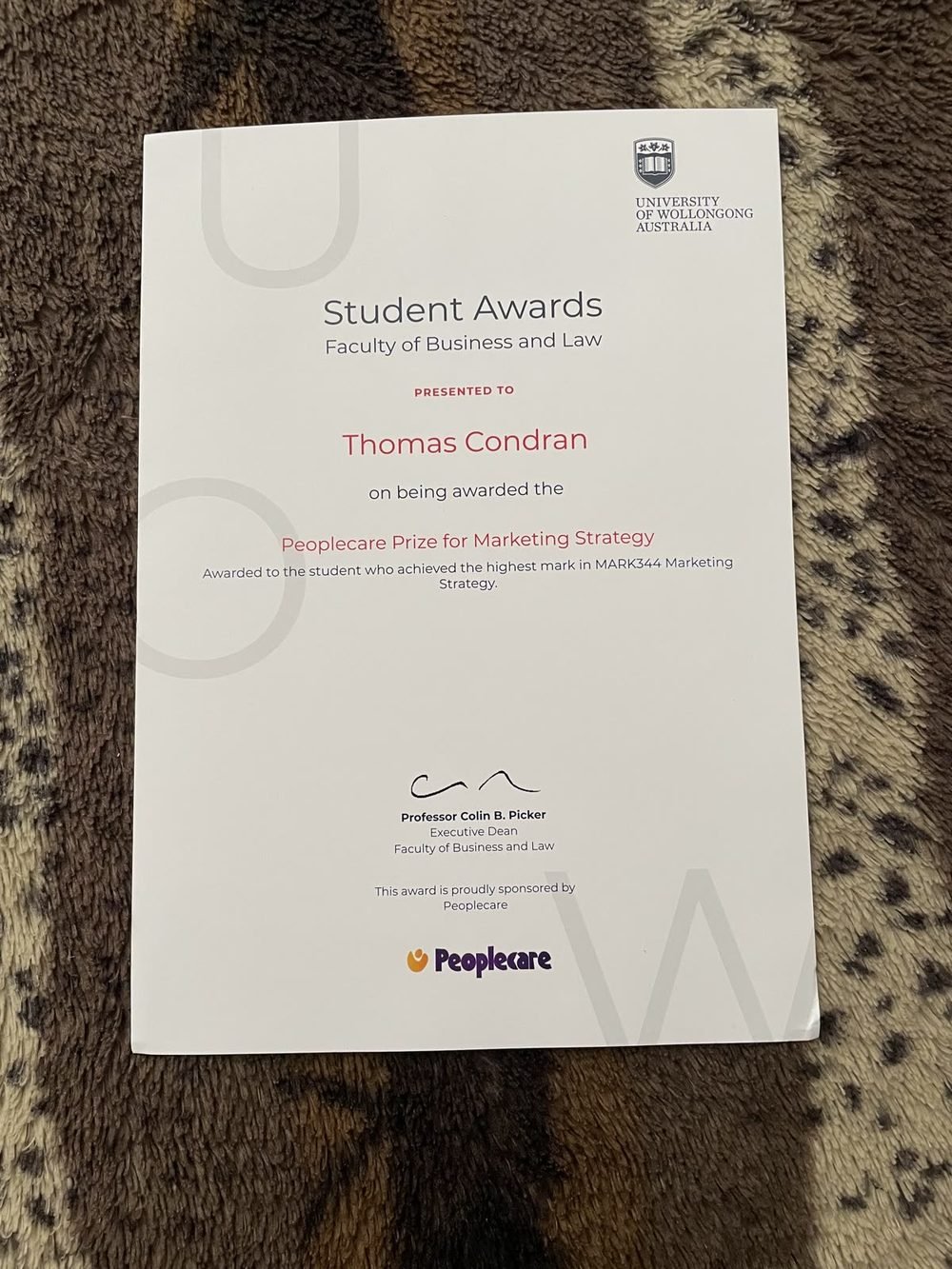 Peoplecare Prize for Marketing Strategy certificate, University of Wollongong