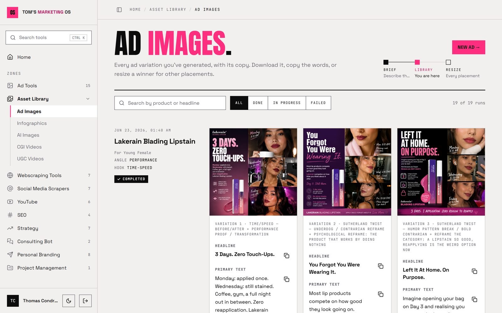 Ad Images library in the Marketing OS: three lip-stain ad variations, each with its hook and copy