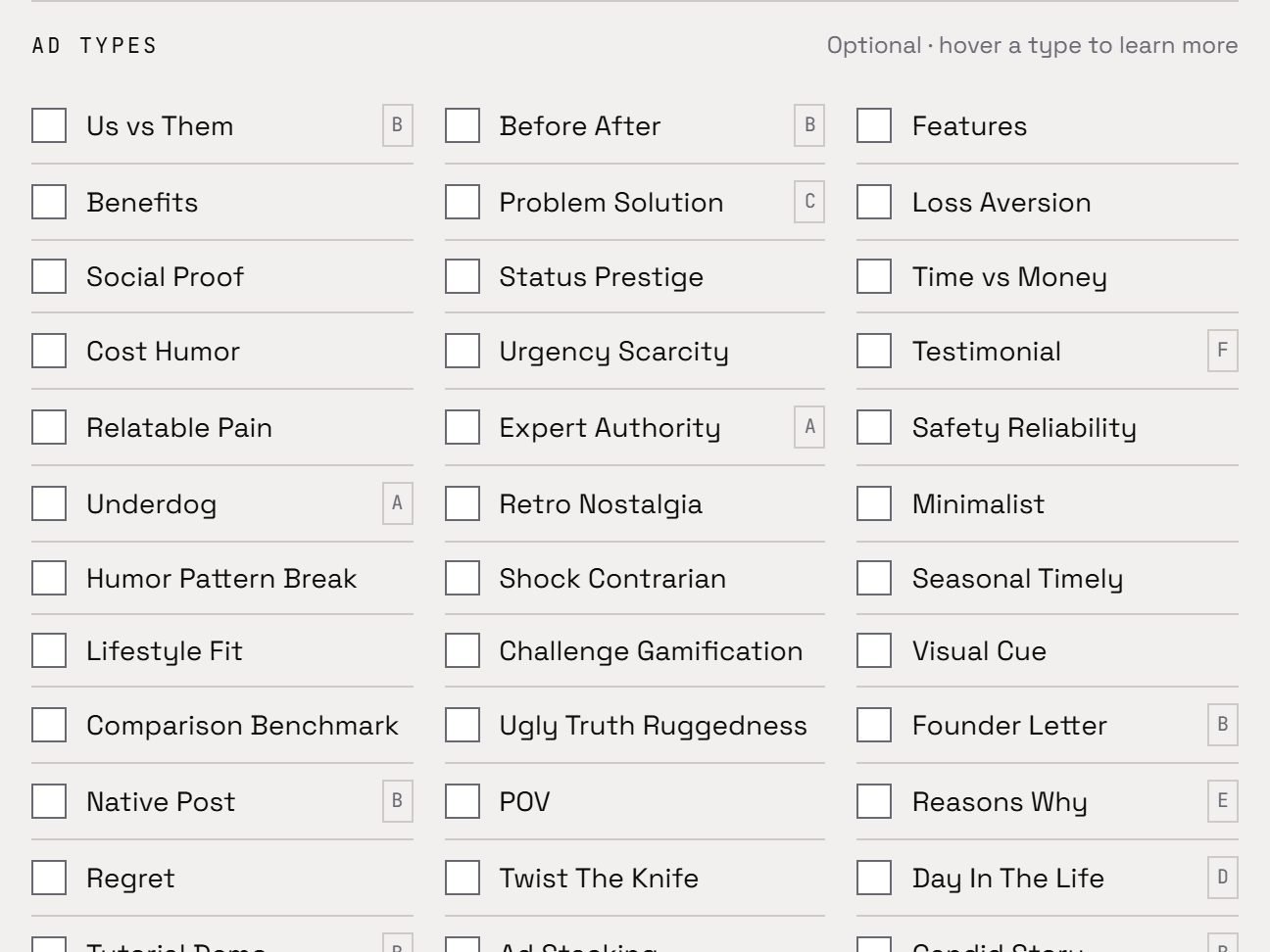 The 64 ad types in the Marketing OS ad generator, from Us vs Them to Founder Letter