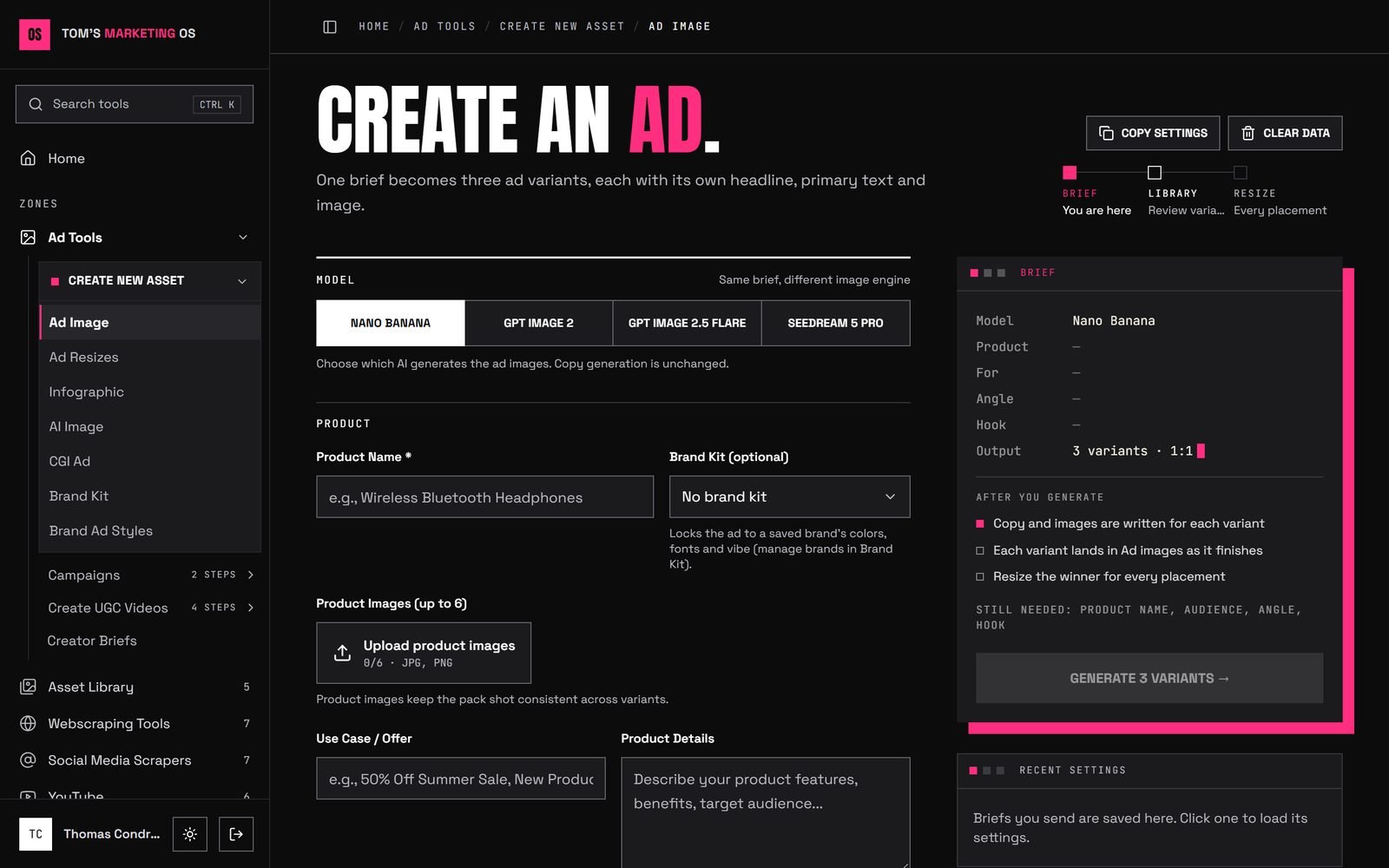 Create an Ad in the Marketing OS: image model, product brief and the generate panel