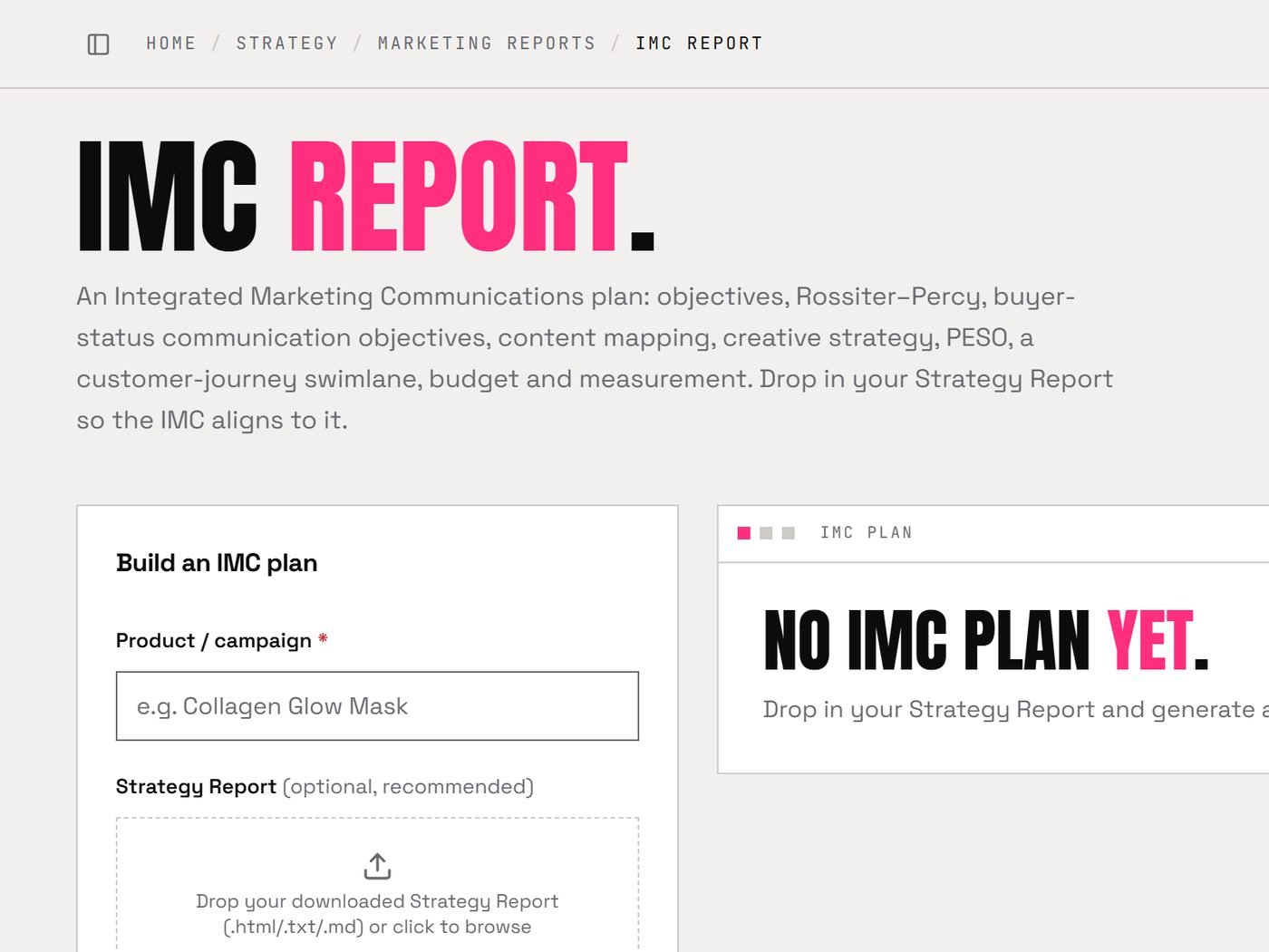 IMC report builder in the Marketing OS: Rossiter–Percy, PESO and customer-journey planning