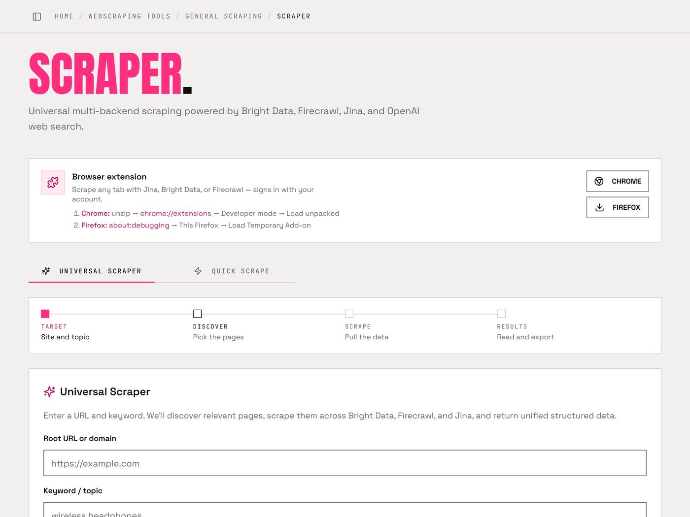 Universal scraper in the Marketing OS: target, discover, scrape, export