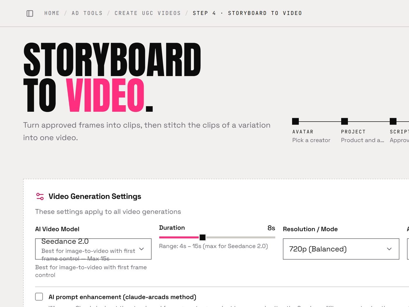 Storyboard to Video in the Marketing OS: video model, duration, resolution and format per clip