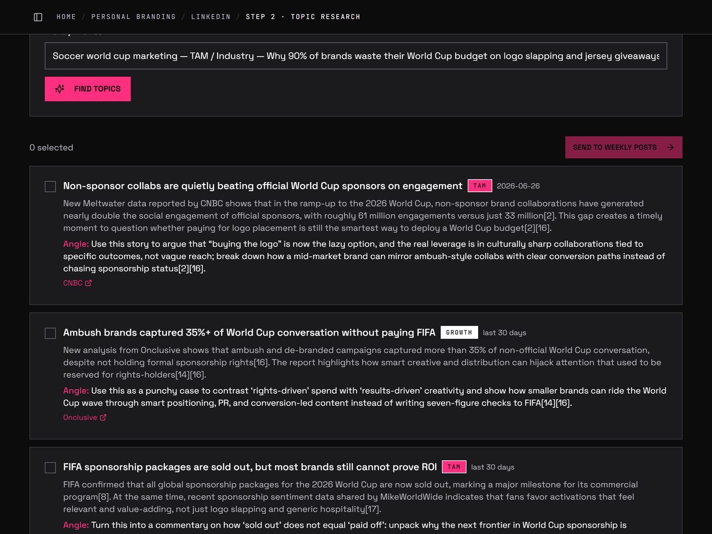 LinkedIn topic research in the Marketing OS: cited news stories, each with a post angle