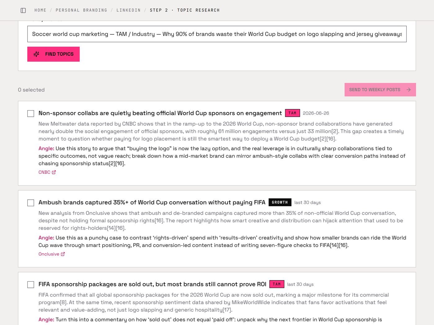 LinkedIn topic research in the Marketing OS: cited news stories, each with a post angle