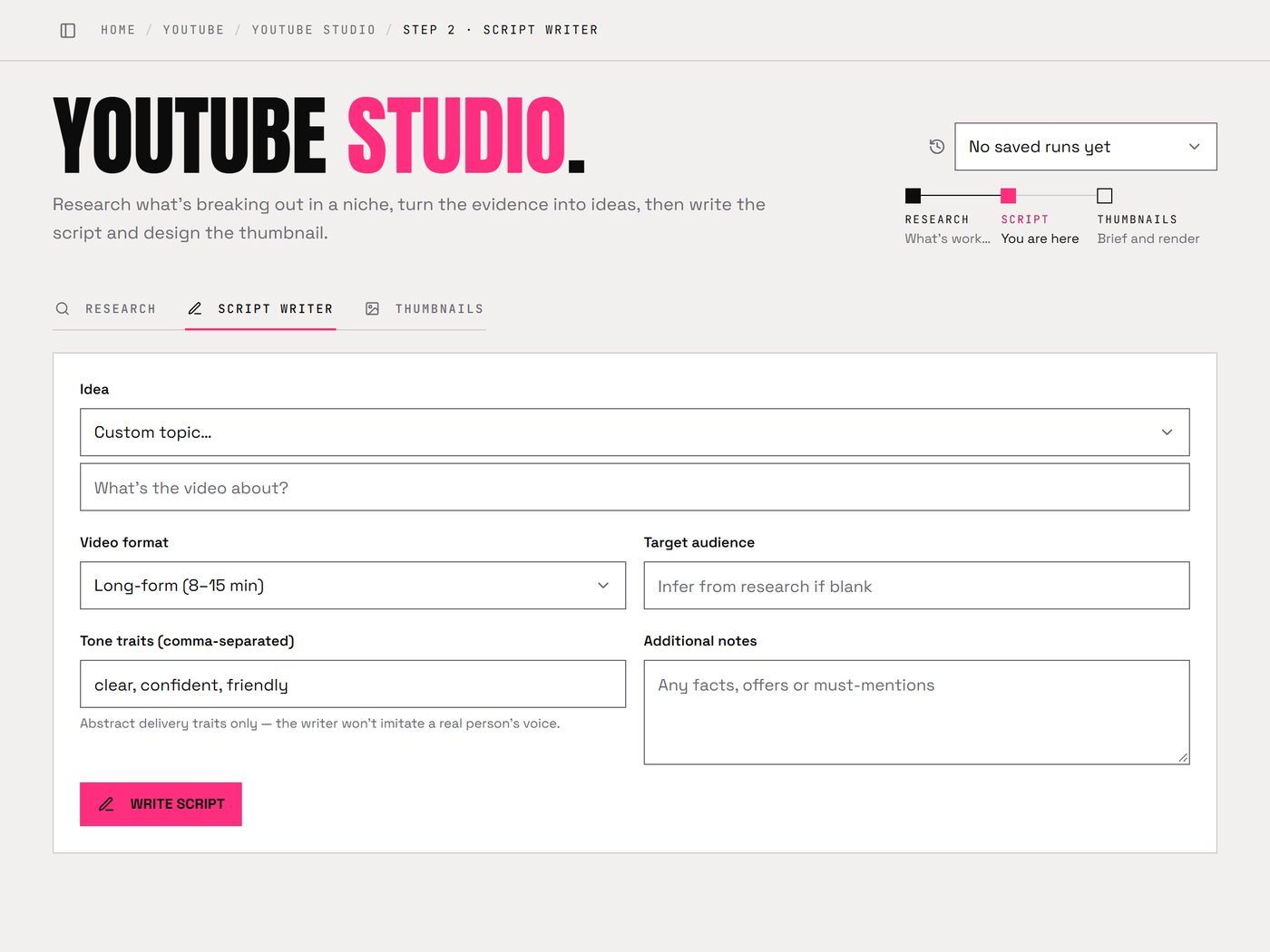 YouTube script writer in the Marketing OS